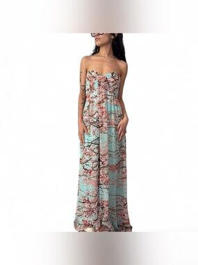 Baby Blue Strapless Maxi Dress W Pink Cherry Blossom Print by Jessica Simpson